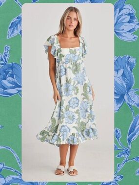 Talisman Ruffle-Trim Floral Midi Dress in Blue, Green, and Cream small NWT